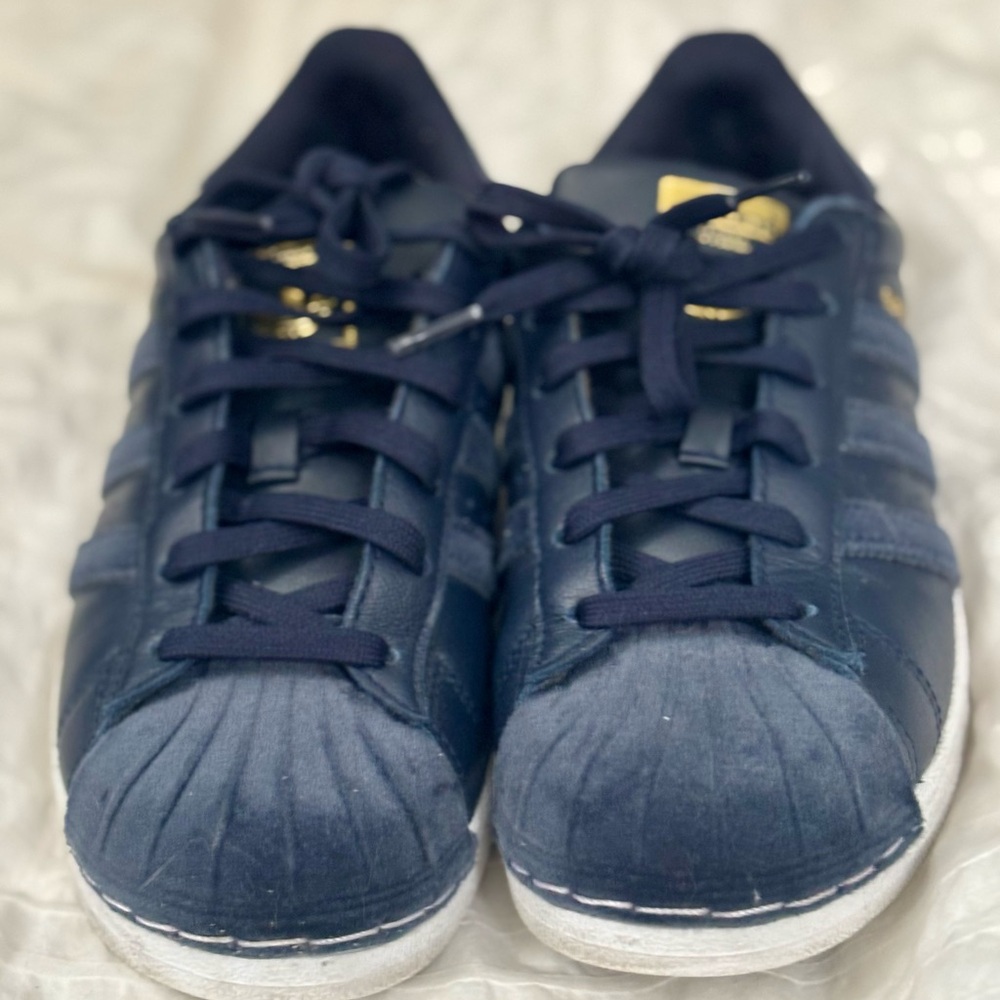 Rare Women’s adidas Superstar Velvet Navy Sneakers with Gold Accents